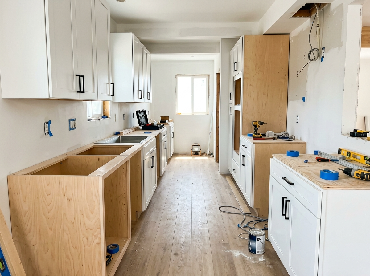 Kitchen during cabinet installation