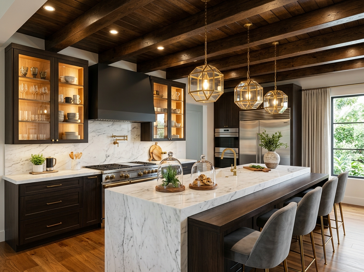 Completed premium dark wood kitchen with marble island